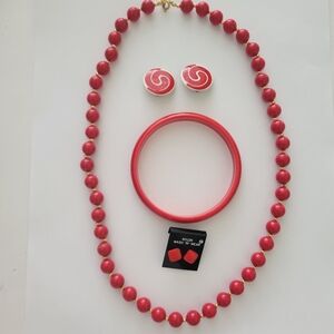 Vtg Jewelry Set Red Bead Necklace Bangle Bracelet 8 1/4" Stud Clip-on Earrings